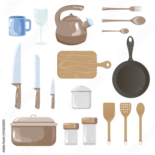 Kitchen utensils and tools set. Vector illustrations of accessories for cooking, frying or eating food. Cartoon cup saucepan teapot cutlery pan board wineglass isolated on white. Kitchenware concept