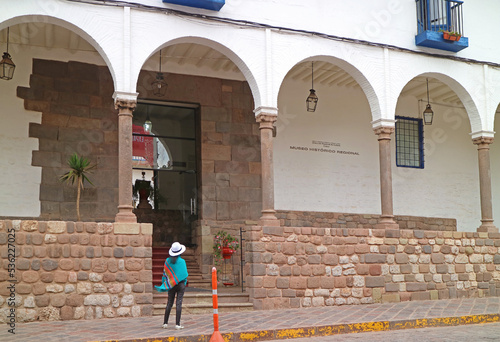 Female Visitor at the Entrance of Museo Historico Regional or Cusco Regional History Museum, Cusco, Peru, South America