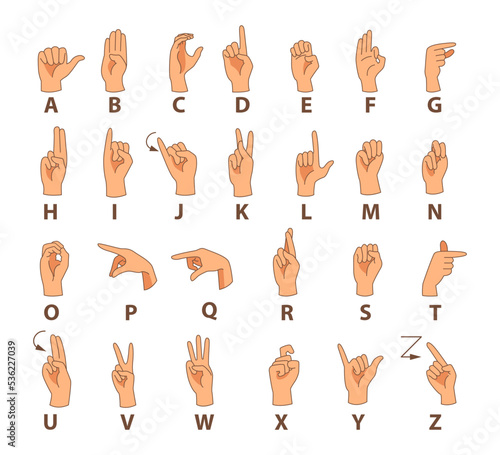 Hands showing sign language alphabet vector illustrations set. Fingers in different positions, language of deaf people isolated on white background. Disability, communication, education concept