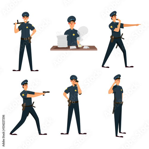 Policeman character in action poses set. Vector illustrations of patrol officer in cop outfit with gun and badge. Cartoon whistle of guard, pursuit of criminal isolated on white. Police, law concept