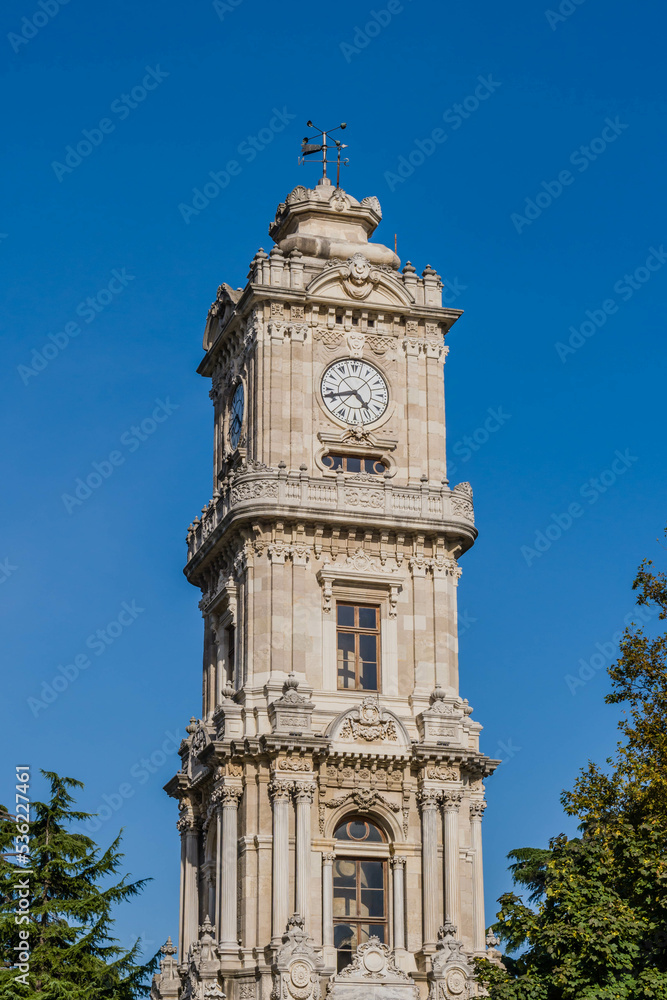 Four story clock tower in Istanbul park commissioned by Sultan Abdulhamid II in the early 19th century.