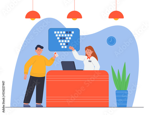 Cartoon cashier selling tickets in movie theatre. Ticket seller at counter at box office flat vector illustration. Entertainment, cinema, advertising concept for banner, website design or landing page