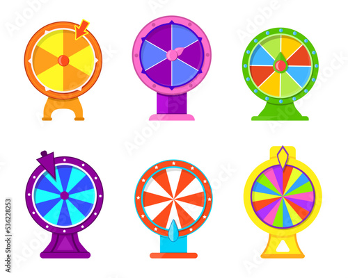 Wheels of fortune on white background cartoon vector illustration set. Spin of gambling roulette with arrows. Lottery opportunity, winning prize, game addiction and betting concept