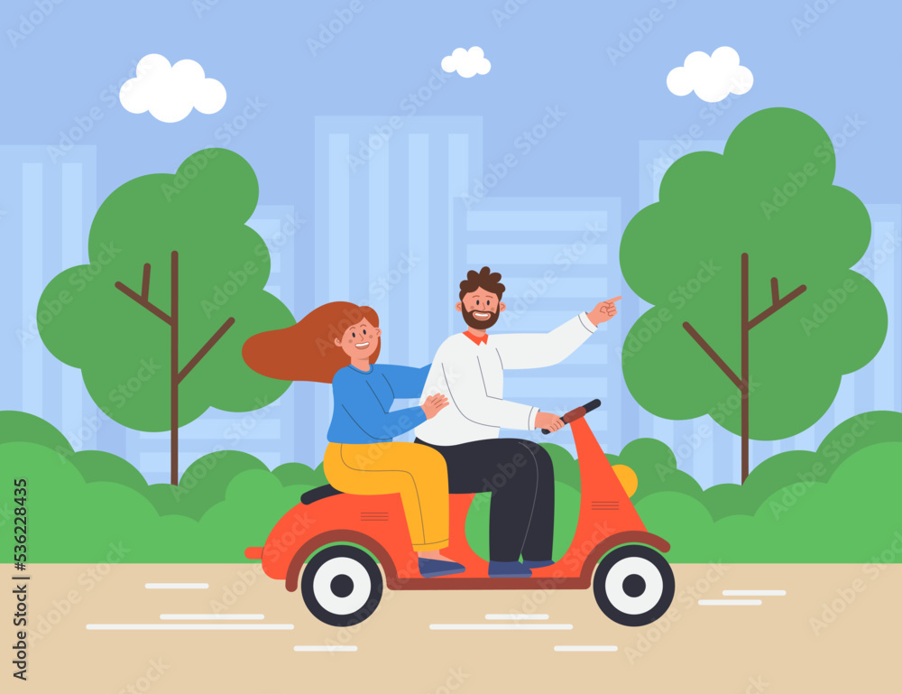 Cartoon happy man and woman riding motorbike in summer on forest background. Moped vehicle with young male and female characters on road flat vector illustration. Romance trip, holiday concept