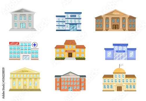 Exterior of museum, hospital, police station, post office, government, bank, school, theatre, university. City, town halls cartoon vector illustration set. House construction, building facade concept