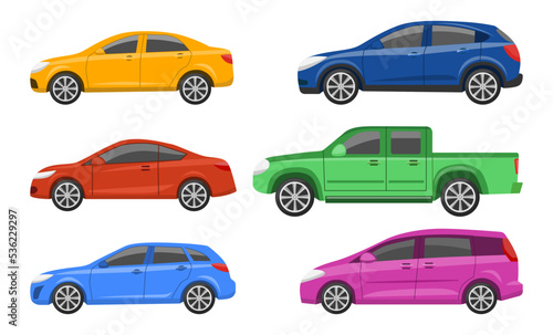 Cars of different types and colors vector illustrations set. Car designs, side view of hatchback, sedan, coupe, SUV, pickup truck isolated on white background. Transport, transportation concept