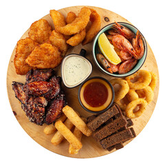 Beer fried snack platter on wooden tray