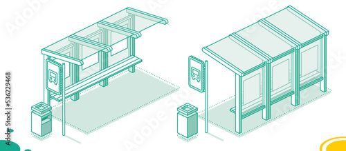 Isometric Bus Stop. Outline Concept Isolated on White. Front and Back View.