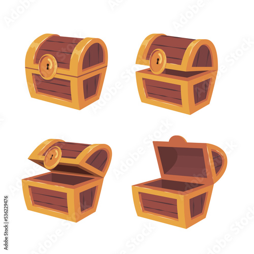 Empty old wooden chest for gold treasure set. Vector illustrations of key frames animation. Cartoon open and closed wood box of lucky pirate isolated on white. Game reward, UI elements concept