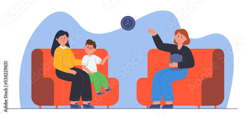 Mom, kid and psychologist sitting on sofa in therapy session. Adult and child in meeting with therapist flat vector illustration. Psychotherapy, psychology, family concept for banner, website design