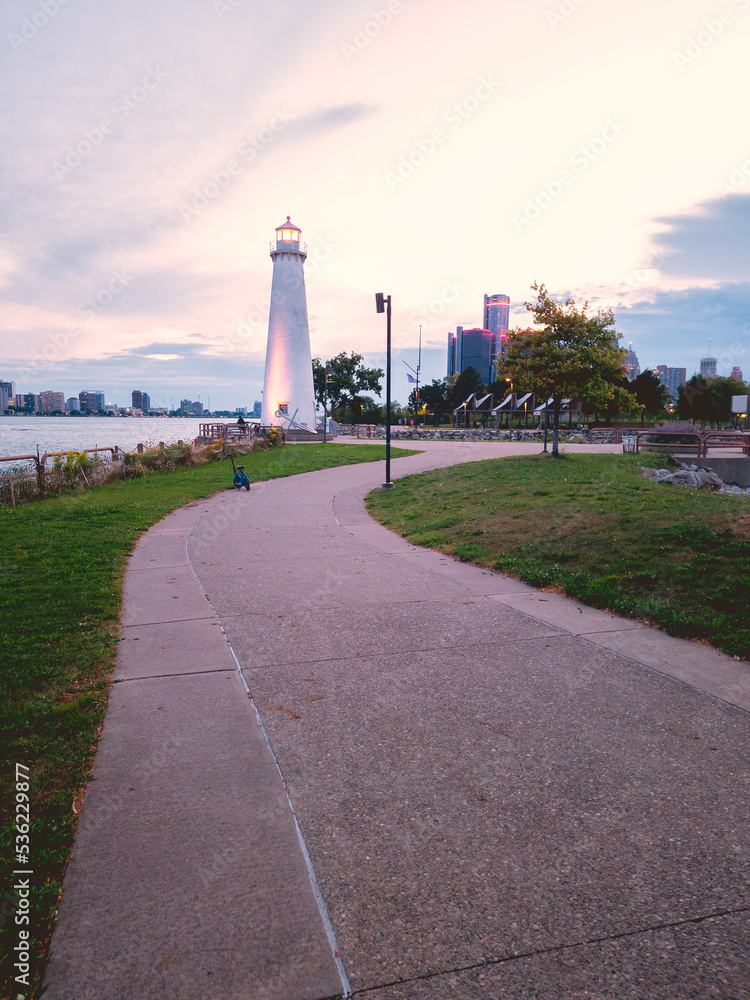 Detroit, Michigan - Sep 10, 2022: Portrait Wide View of Detroit River Lighthouse on the US Side opposite to the Canadian Side.