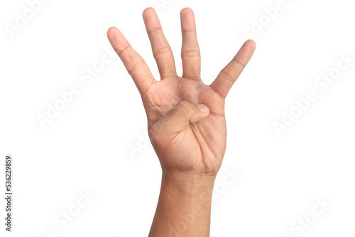 man hand showing number four gesture sign isolated on white background