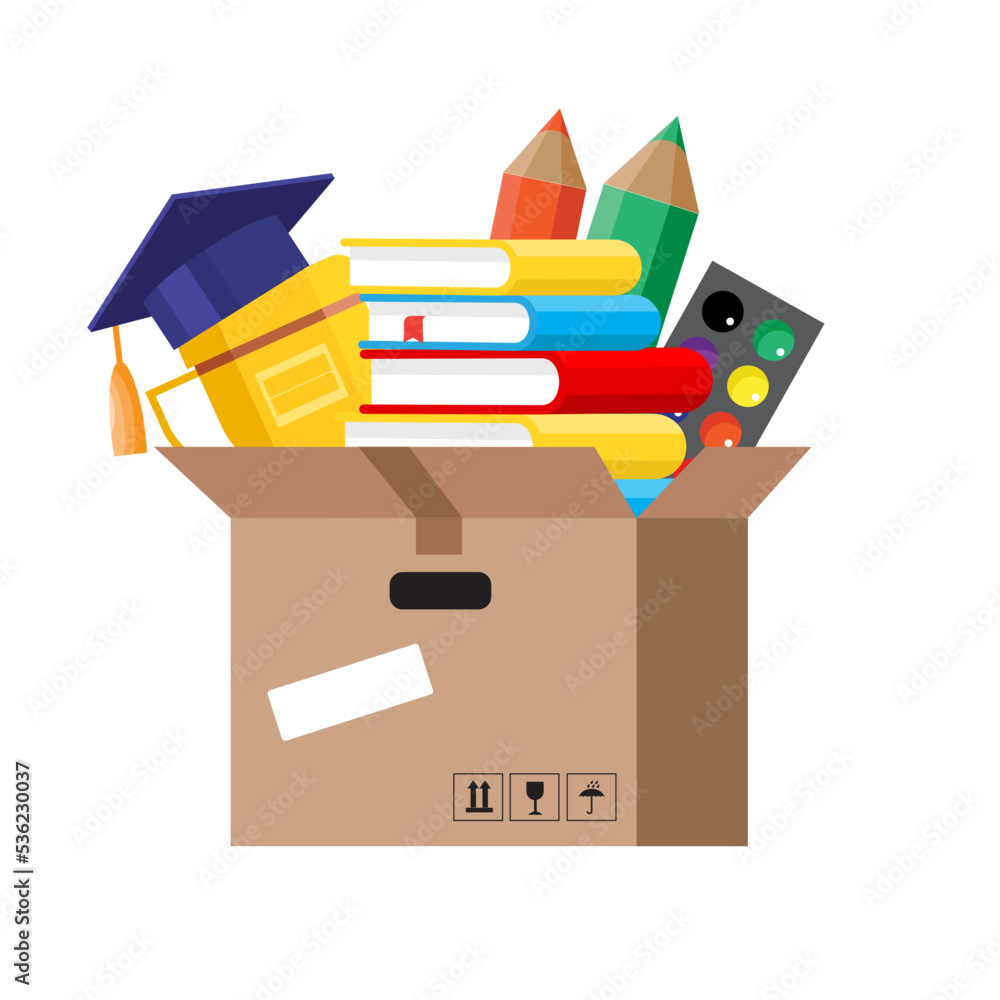 School supplies in a cardboard box. Vector illustration isolated on white background. School supplies in a cardboard box. Vector illustration isolated on white background.
