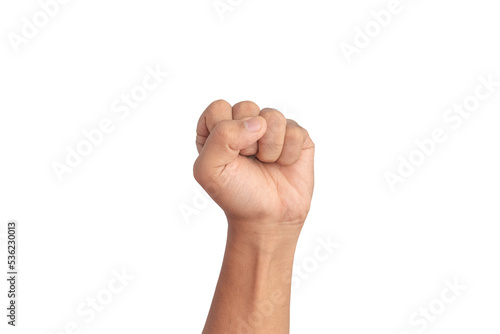man hand showing clenched fist for number zero gesture sign isolated on white background photo