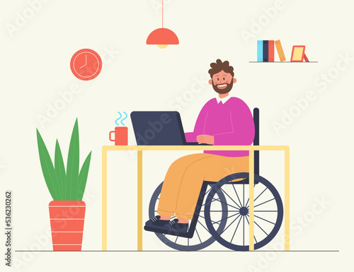 Employee sitting in wheelchair and working at home or in office. Accessibility of online work for people with disabilities flat vector illustration. Disability, employment, human resources concept
