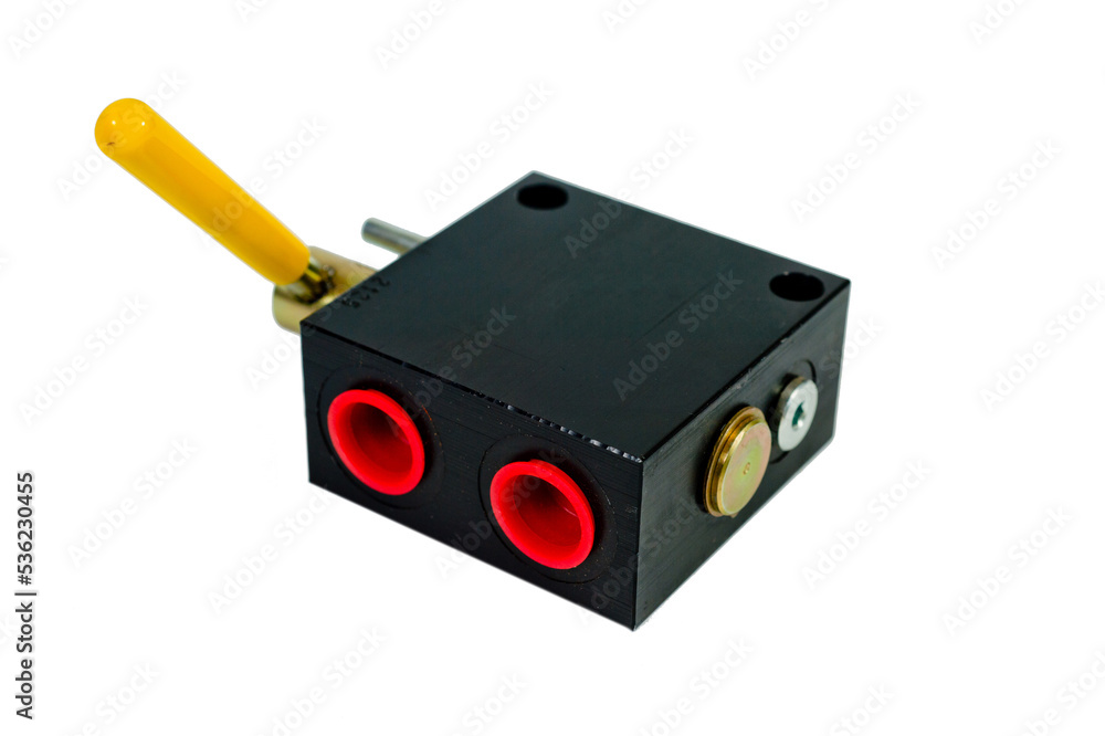 Hydraulic rotary control valve, 3-way, isolated on white background ...