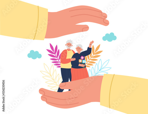 Care and help from hands holding happy senior people. Medical support, healthcare and protection of health for old parents flat vector illustration. Family insurance, pension and medicare concept