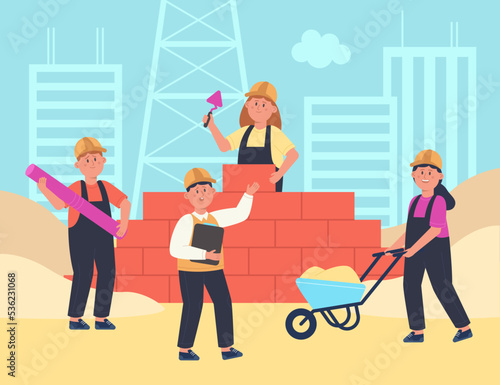 Team of kids builders building house together. Cute professional boys and girls working, workers in helmets laying brick wall at construction site flat vector illustration. Occupation, game concept