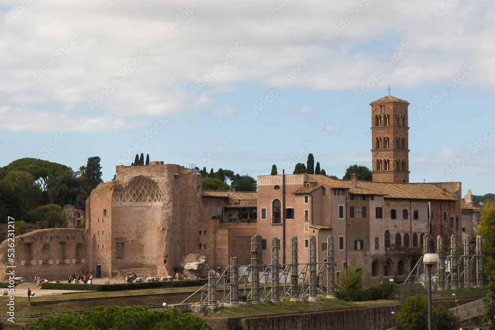 View of ancient Trajan's Market, ruins in Via dei Fori Imperiali, Rome, Italy