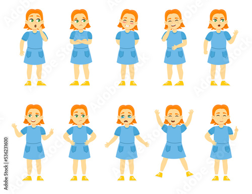 Different expressions of little girl vector illustrations set. Happy, sad and surprised kid, emotional cartoon character crying, smiling and laughing isolated on white background. Emotions concept