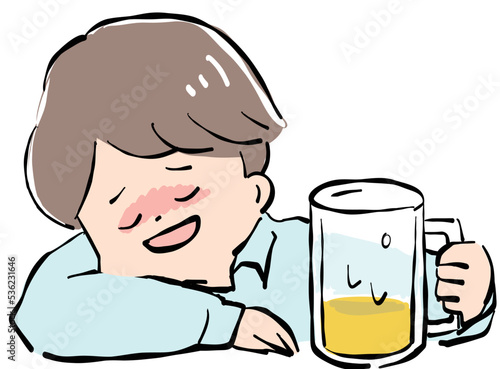 ほろ酔いでビールジョッキを持って眠る男性