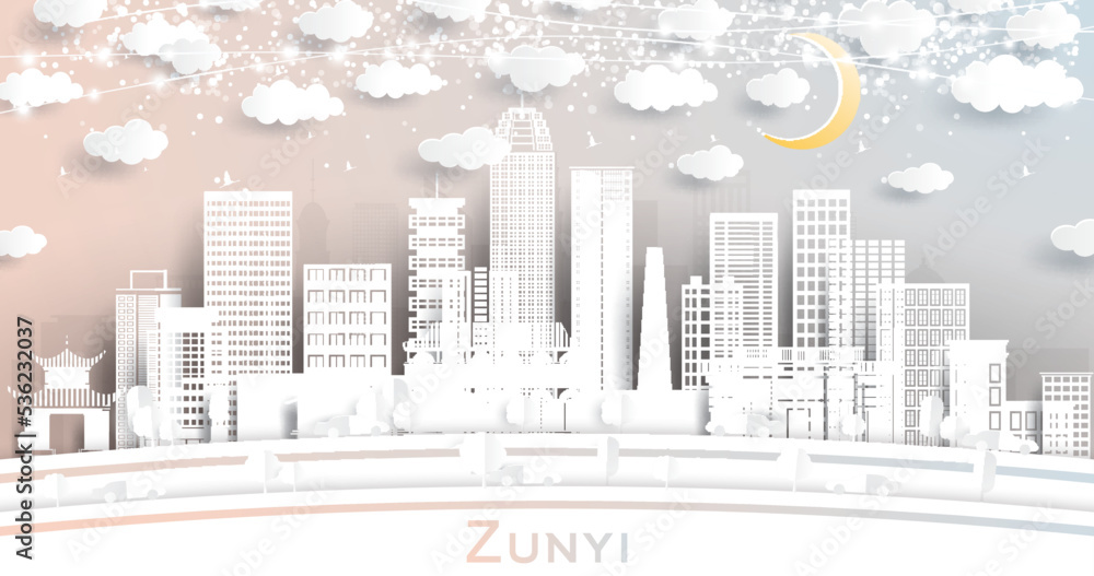 Zunyi China City Skyline in Paper Cut Style with White Buildings, Moon and Neon Garland.