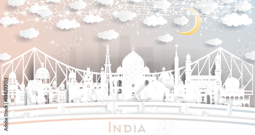 India City Skyline in Paper Cut Style with White Buildings, Moon and Neon Garland.