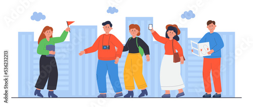 Sightseeing visit by group of tourists and lady guide with flag. Happy people looking around city, man holding map showing landmarks flat vector illustration. Tourism, museum tour, travel concept