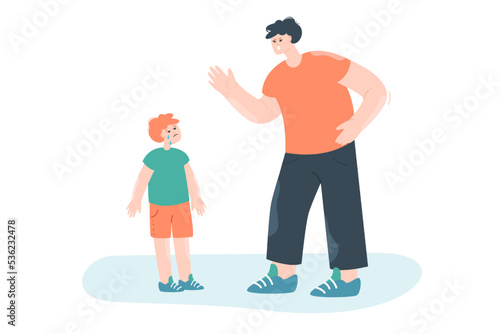 Angry dad punishing crying child. Flat vector illustration. Cartoon father warning, screaming at sad misbehaving son. Family, relationship, education, conflict, parenting, abuse concept for design