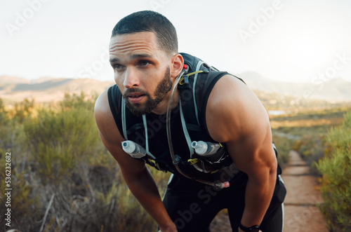 Sweating, breathing and tired fitness man running outdoors with fatigue, body challenge and struggle for exercise. Male runner athlete, mental break and nature trail rest to breathe in mindset focus