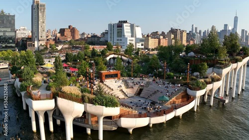 Little Island amphitheater park on water Hudson River West Side Manhattan NYC