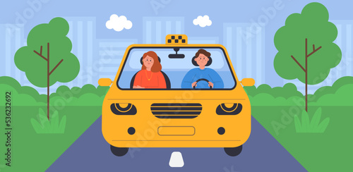 Taxi driver and passenger sitting in front seat of cabin. Male chauffeur driving yellow vehicle on country road flat vector illustration. Public transport ride, travel, transportation concept