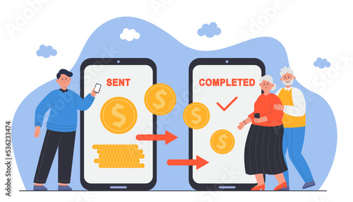 Tiny male character sending money to elderly parents on smartphones background. Son caring about people of old age flat vector illustration. Mobile transfer payments, completed transaction concept