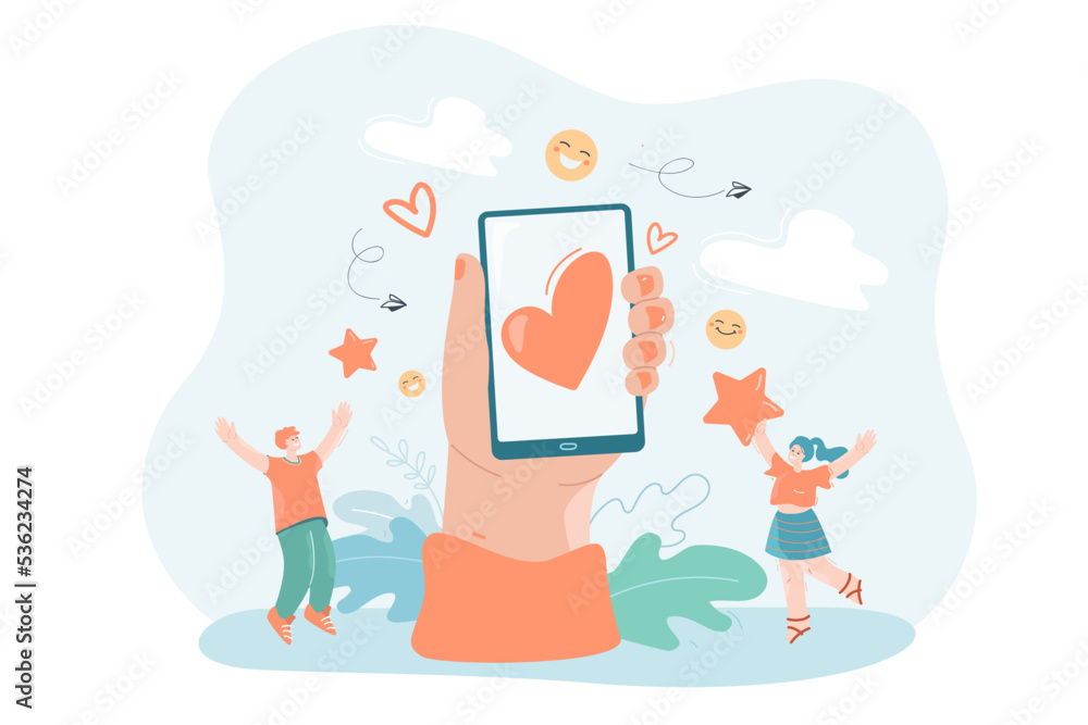 Giant hand holding smartphone with online dating app. Flat vector illustration. Tiny people sending each other reactions, comments, likes, communicating on Internet. Mobile, social network concept Giant hand holding smartphone with online dating app. Flat vector illustration. Tiny people sending each other reactions, comments, likes, communicating on Internet. Mobile, social network concept