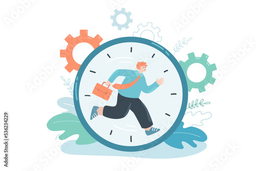 Cartoon person running inside clock dial. Flat vector illustration. Employee with portfolio striving to complete all tasks before deadline. Business, schedule, time management, job concept for design