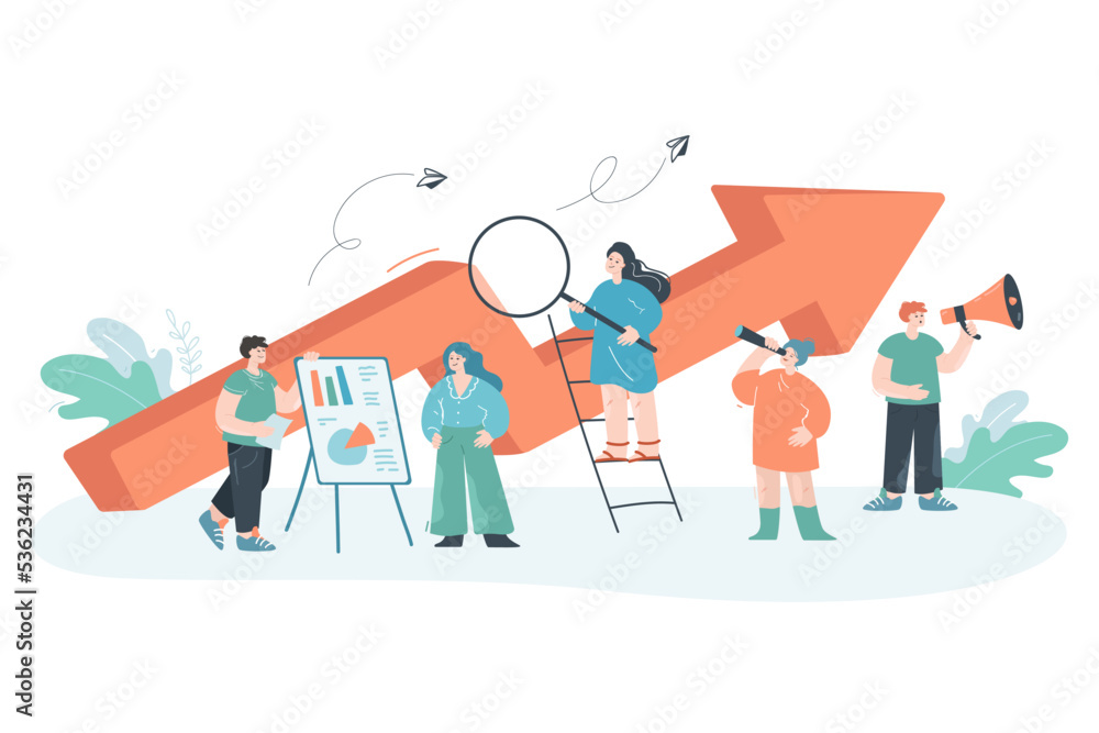 Team of analysts working on business project. Flat vector illustration. Tiny business people working on plan, scorecard, profits and success of company. Job, achievement, teamwork, promotion concept
