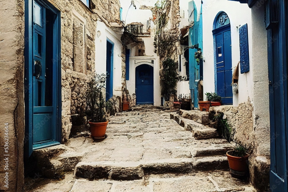 Beautiful old medieval downtown cobblestone alley streets, stone steps, colorful doors and windows, greek mountain village, historic architectural background