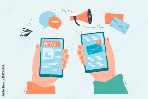 Hands holding phones with news on screens. Application for online media viewing on smartphone, reading newspaper on website flat vector illustration. Journalism, newsletter, journalists blog concept