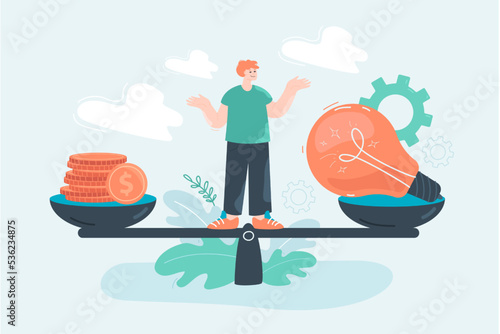 Man scaling money and light bulb flat vector illustration. Comparison of finance and innovative ideas. Economy, assessment, valuation concept