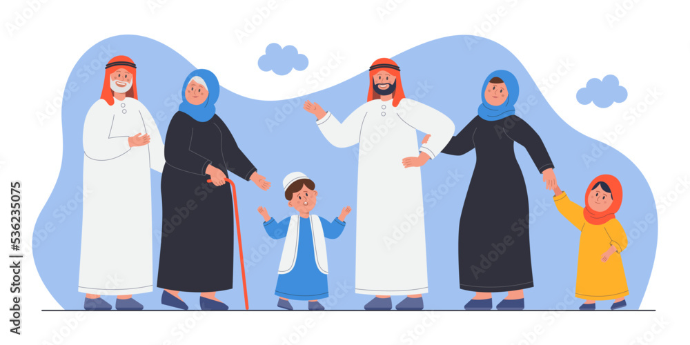 Obraz premium Happy arab family standing together. Saudi old and young people smiling, portrait of muslim parents, grandparents and kids in traditional clothes flat vector illustration. Arabian culture concept