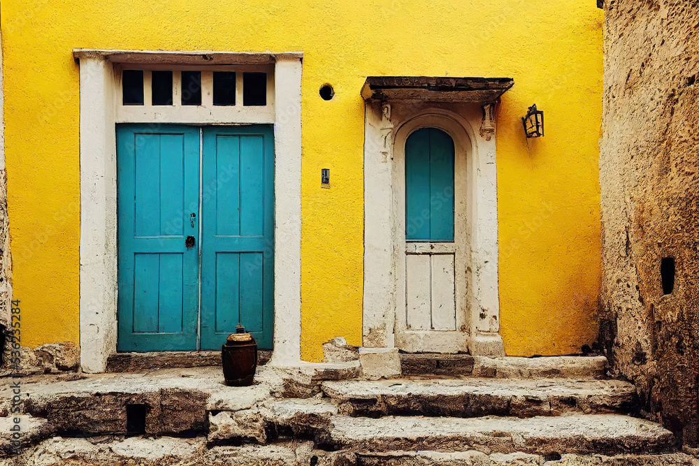 Fototapeta premium Beautiful old medieval downtown cobblestone alley streets, stone steps, colorful doors and windows, greek mountain village, historic architectural background
