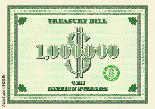 Vector green Treasury bond with a face value of 1 000 000 dollars. One million. Vintage frame with guilloche mesh