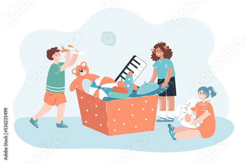 Happy children playing next to giant box with toys. Flat vector illustration. Girls and boy having fun in playroom with to airplane, rabbit, flying saucer. Preschool, playtime, childhood concept