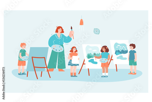 Group of kids drawing landscapes with teacher in art class. Children behind easels having painting lesson flat vector illustration. Art school, education concept for website design or landing web page