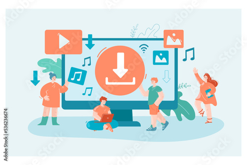 Man in front of huge computer screen downloading files on laptop. Transferring or uploading digital information, music, video flat vector illustration. Internet, multimedia, piracy concept for banner