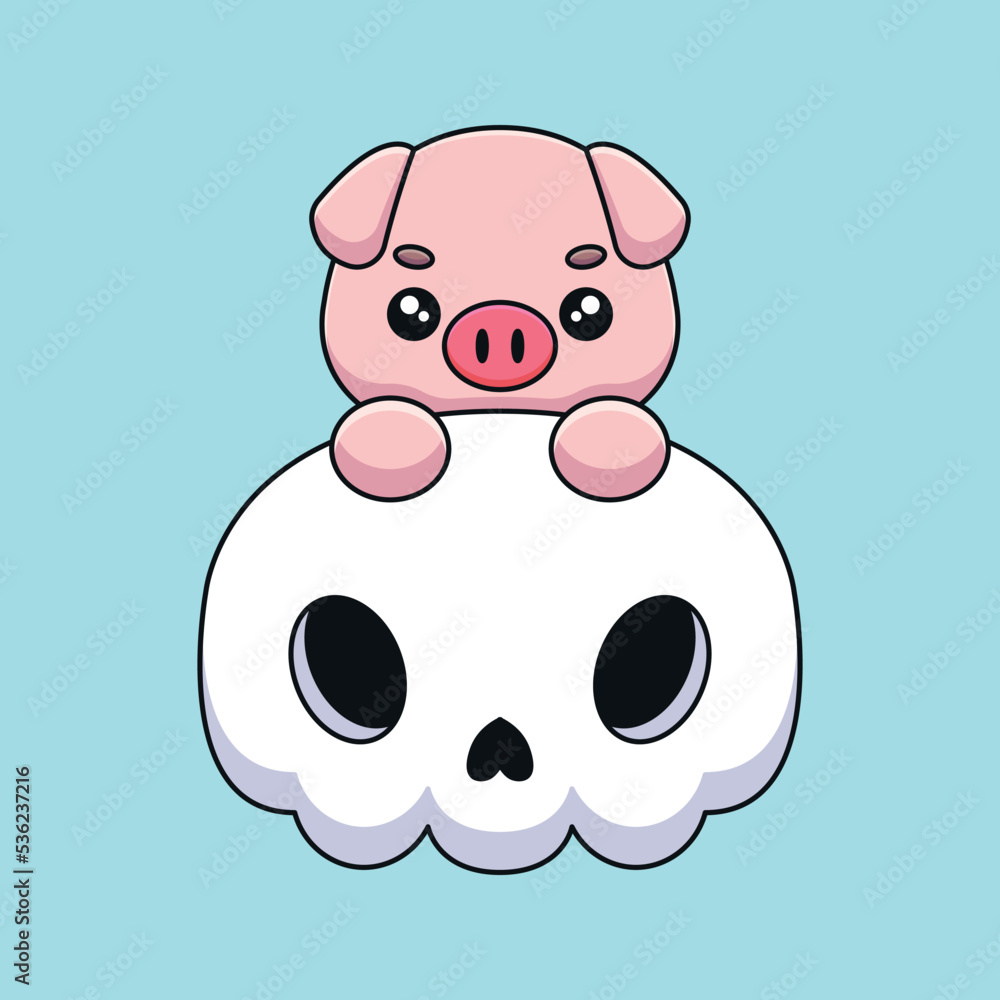 cute skull pig halloween cartoon mascot doodle art hand drawn concept vector kawaii icon illustration