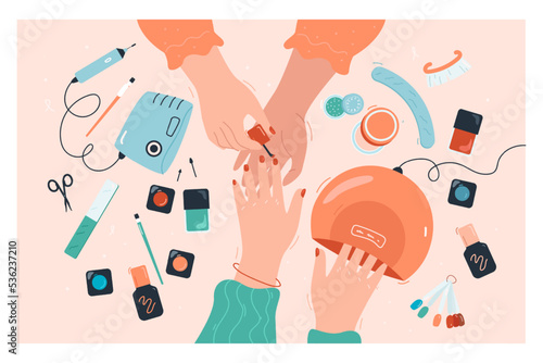 Hands of manicurist doing nails of customer at table. Manicure studio and equipment, beauty service colorful flat vector illustration. Beauty salon, cosmetics concept for banner, website design