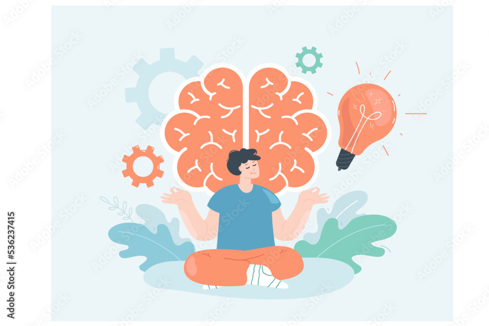 Happy tiny man doing yoga exercise near brain with light bulb. Power of spiritual meditation for healthy lifestyle of person flat vector illustration. Harmony, mental health, intelligence concept Happy tiny man doing yoga exercise near brain with light bulb. Power of spiritual meditation for healthy lifestyle of person flat vector illustration. Harmony, mental health, intelligence concept