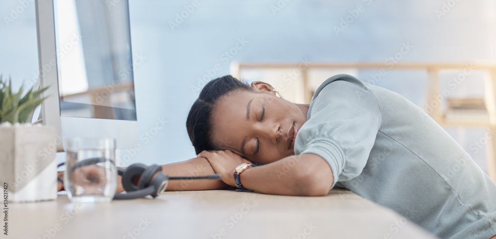 Burnout, call center and sleeping with black woman at desk from overworked, tired and stress. Customer support, consultant and telemarketing with employee at computer exhausted, lazy or resting Burnout, call center and sleeping with black woman at desk from overworked, tired and stress. Customer support, consultant and telemarketing with employee at computer exhausted, lazy or resting
