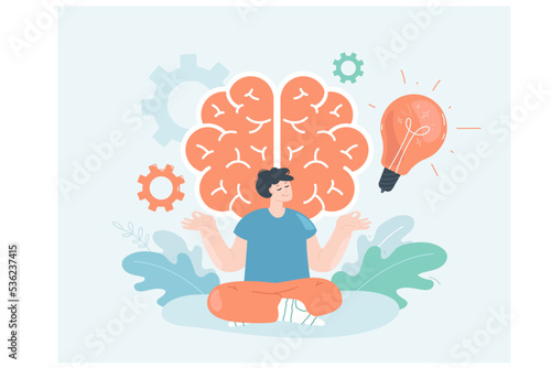 Happy tiny man doing yoga exercise near brain with light bulb. Power of spiritual meditation for healthy lifestyle of person flat vector illustration. Harmony, mental health, intelligence concept